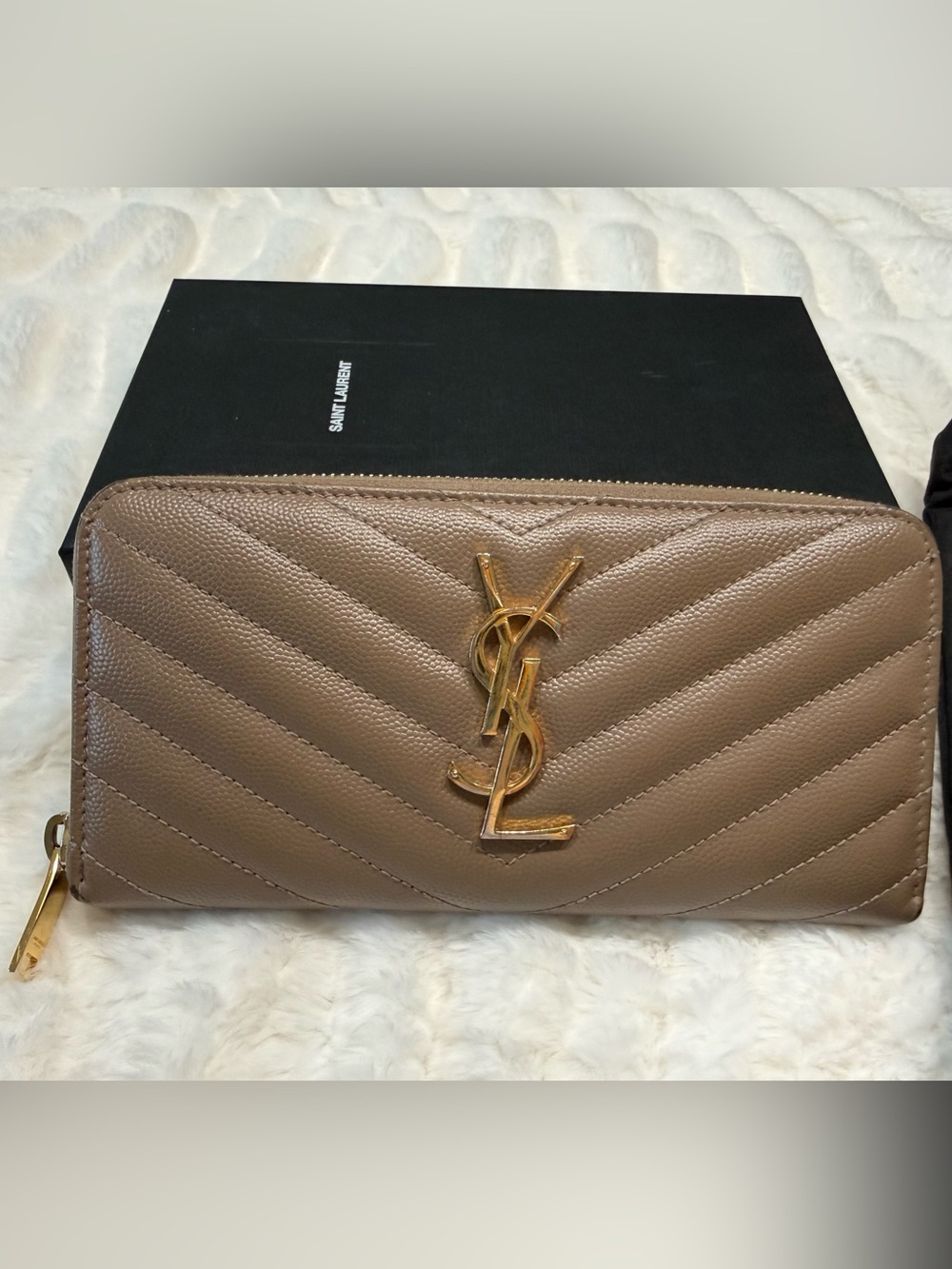 Saint Laurent Taupe Chevron Quilted Leather Clutch with Gold YSL Logo